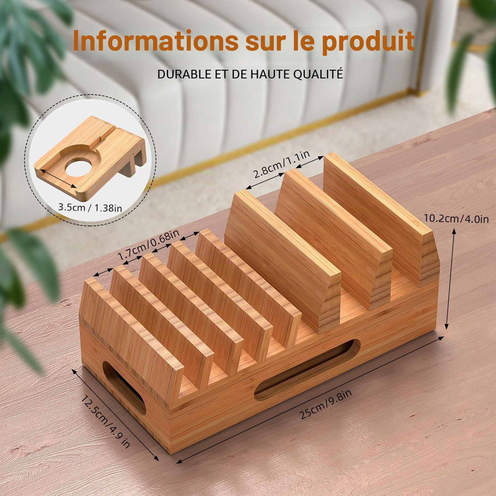 Pezin & Hulin Support de Station de Charge en Bambou avec 5 Ports USB, 5 câbles de Charge, Support de Montre, Support de Station d'accueil en Bois, Organiseur électronique pour Plusieurs appareils,