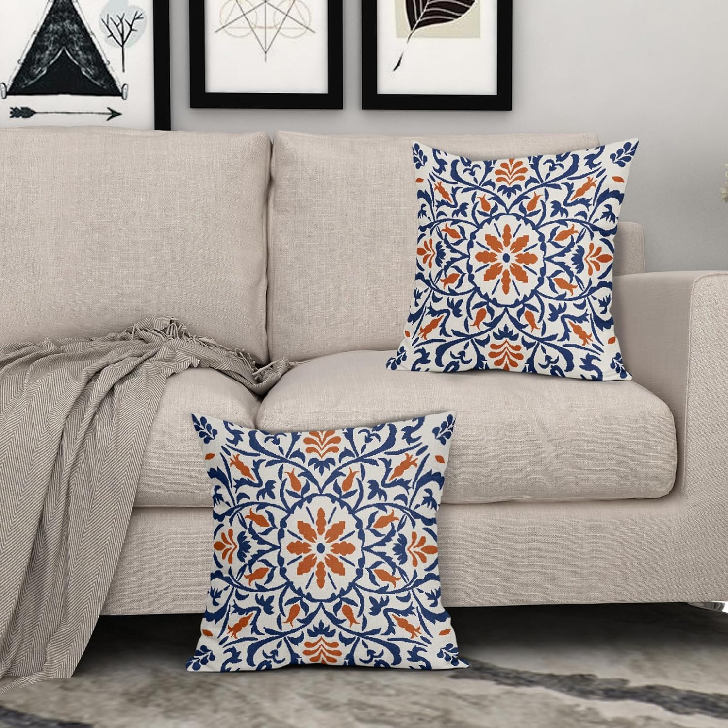 Navy Blue Orange Boho Pillow Covers 18 X 18 Inch Bohemian Ethnic Carpet Style Vintage Flower Print Decorative Throw Pillows Outdoor Linen Cushion Case Farmhouse Decor for Home Sofa Bed Set of 2 - Image 3
