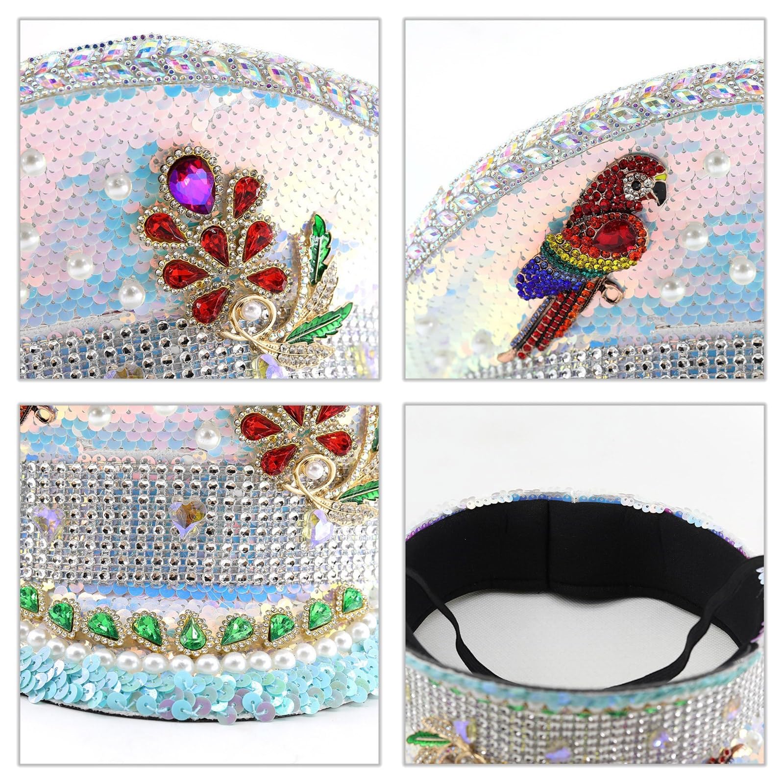 Cappello con paillettes e strass per donna, matrimonio, sposa, luccicante, cappello marino, festività, cappello da capitano per feste serali, bianco, bianco, Size reference picture