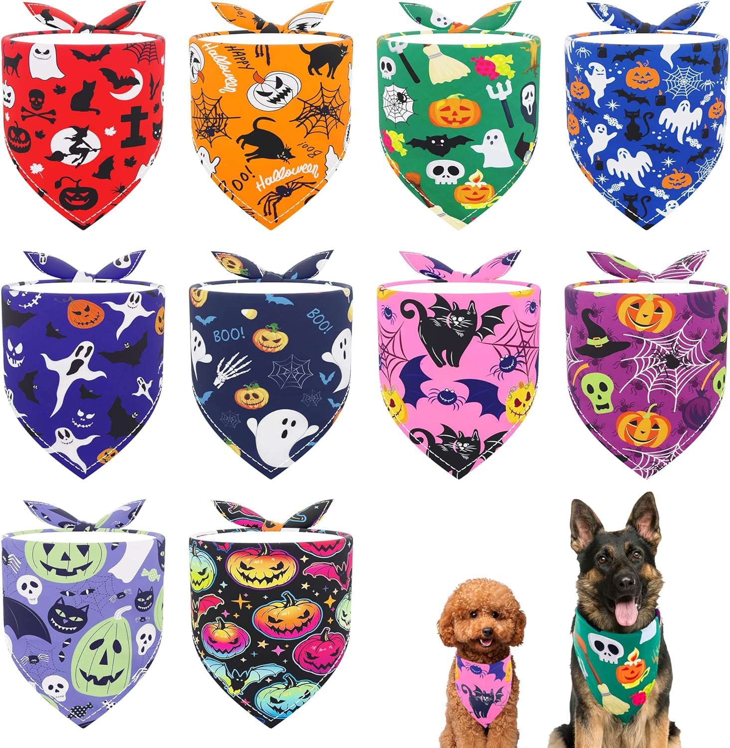 JpGdn 10pcs Dog Bandanas Halloween Triangle Bibs Scarves with Pumpkin Bats Ghost Spider Owls Pattern for Small Medium Large Dogs Polyester Grooming Costume Accessories for Girl Boy โ image 1