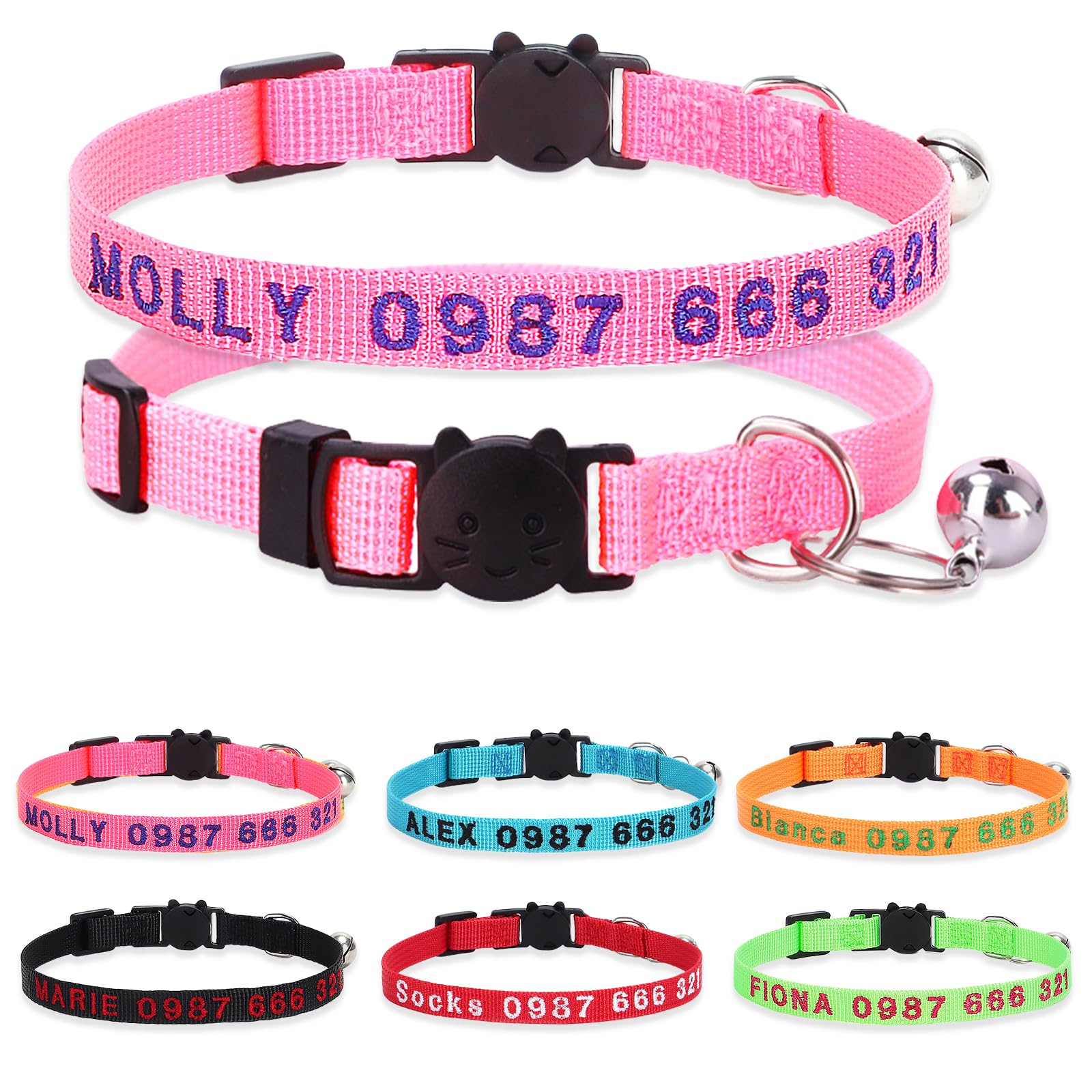 Personalized Cat Collars, Embroidered with Pet Name and Phone Number, Adjustable Nylon Breakaway Safety Release Buckle ID Collar,Custom Text with Bell for Cat or Kitten,Light Pink