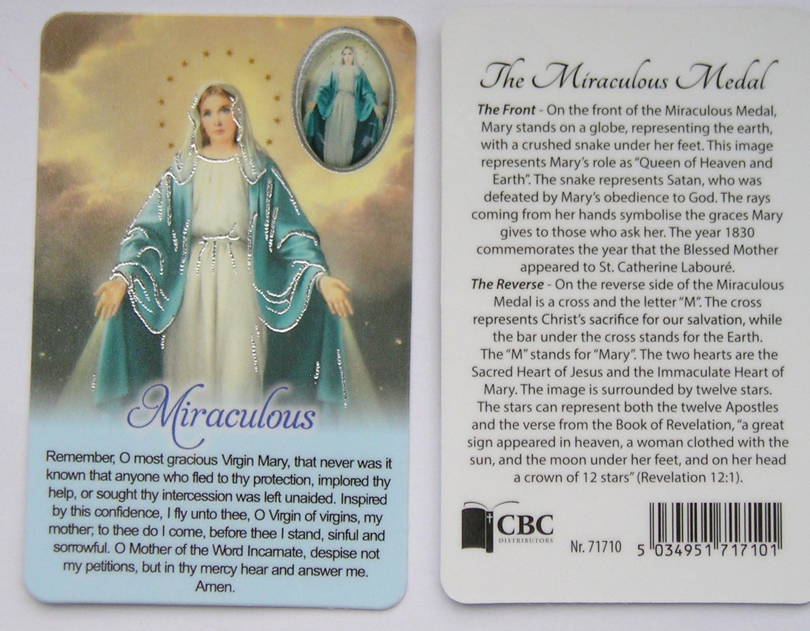 Our Lady Miraculous Prayer Card with Resin Drop Picture Medal