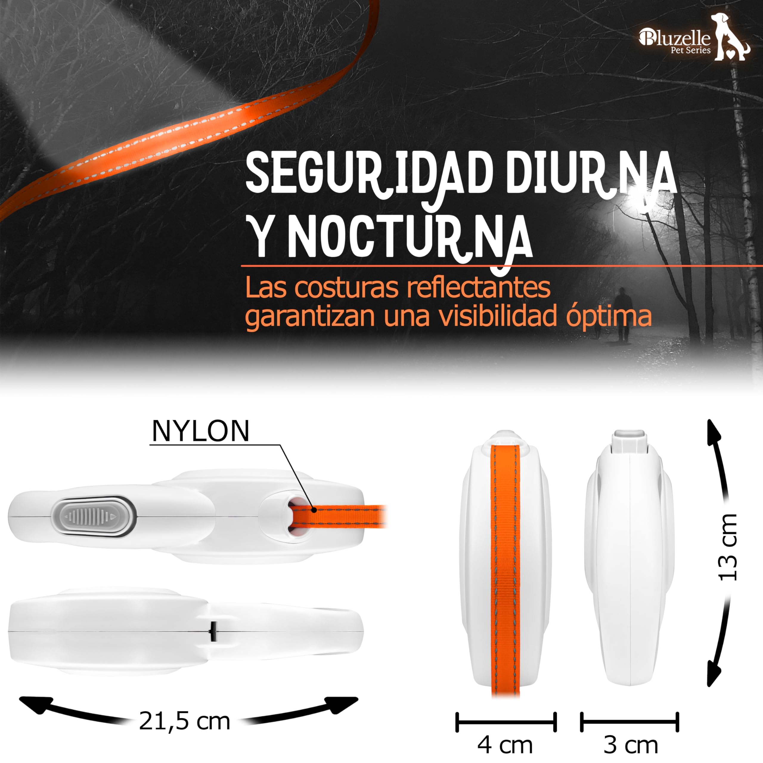 Correa Perro Extensible 8m para Perros Grandes de hasta 50kg, Correa Reflectante Naranja Brillante con Mosquetones Metálicos de 360°, Asa Ergonómica de Goma, Freno Retráctil, Blanco