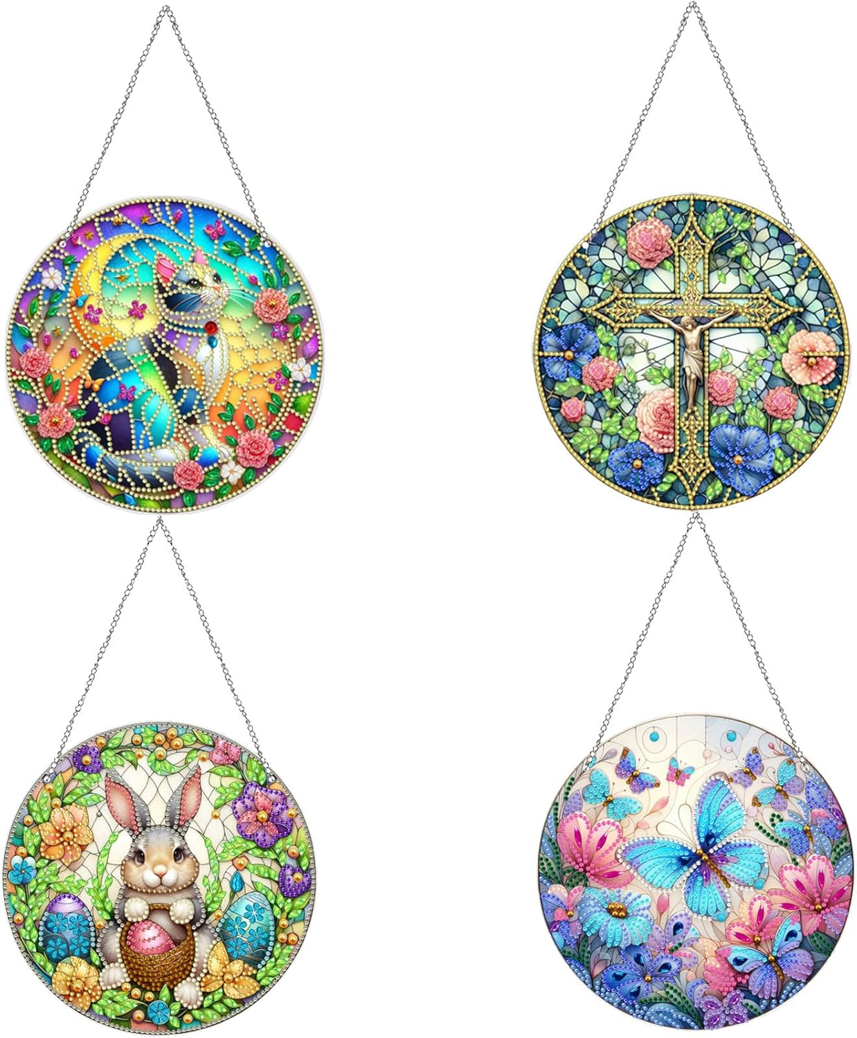 Generic 4Pcs DIY Hanging Diamond Pendant Special Shaped Crystal Diamond Art Painting Ornament Double-Sided Pattern Single Sided for Window Home Garden Wall Door Decor-02
