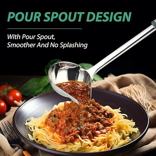 Miniatura 4 de Cucharón de salsa con boquilla, cucharones grandes de acero inoxidable para servir salsa, cucharón de metal con mango largo para cocina, agarre