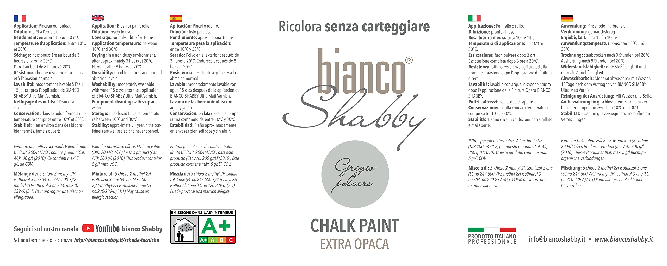 bianco Shabby® Grigio Polvere (Dusty Grey) farba kredowa na bazie wody do wszystkich powierzchni – bardzo matowe wykończenie (2,5 l)
