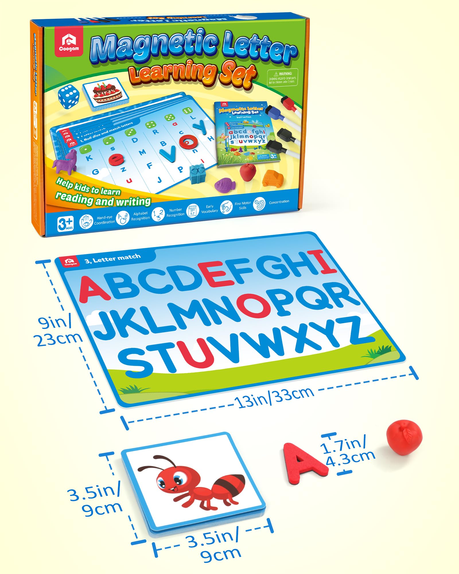 Coogam Preschool Alphabet Learning Playset, Magnetische Buchstaben Matching Spiel, Bildungsabc-Erkennung mit 6 Aktivitätskarten, Phonische Manipulative Autismus Spielzeug für Kinder im Alter von 3+
