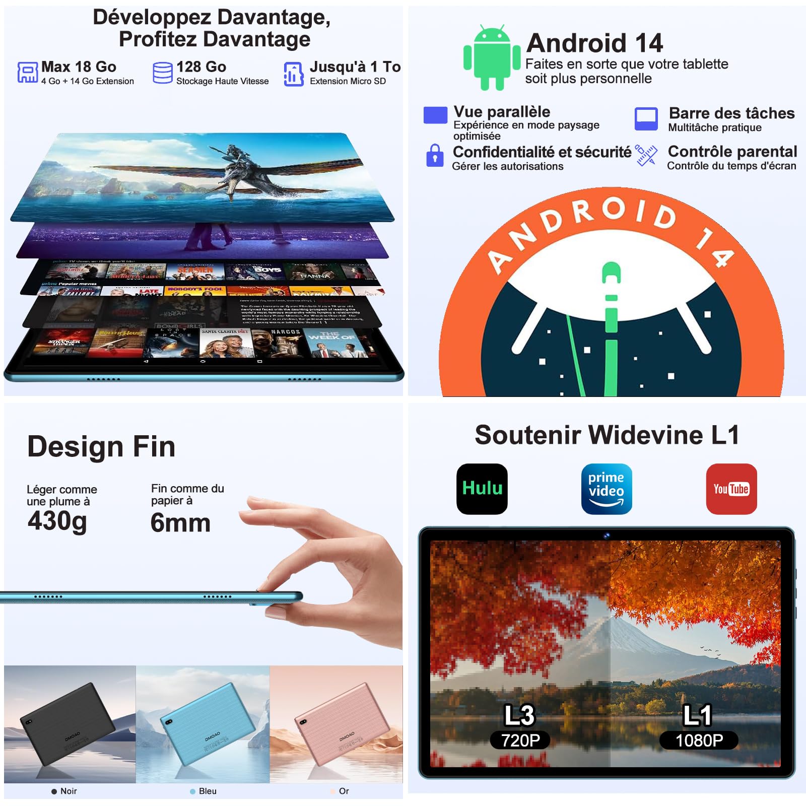 DMOAO Tablet 10 Pollici Android 14 con 18 GB RAM + 128 GB ROM(TF 1TB), FHD Tablet con 5G Wi-Fi 6, Widevine L1, Octa-Core, USB-C, BT 5.0, 6000 mAh, Tastiera + Mouse + Custodia, Blu