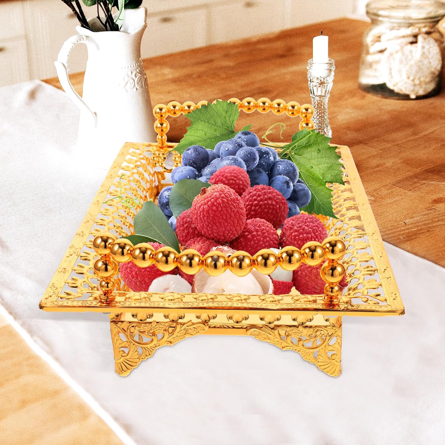Nordic Style Fruit Plate with Handle 2Pc Metal Snack Serving Tray for Dried Fruits and Appetizers Elegant Gold Platter for Kitchen and Entertaining