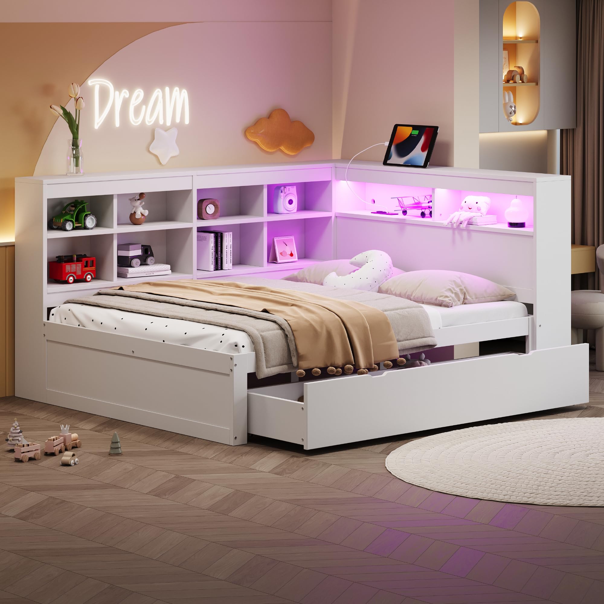 Kehun Doppelbet Sofabett 140x200 cm mit LED und USB Port, Schlafsofa Tagesbett mit Stauraum Schubladen und Ablagefach Kopfteil, Holzbett Bett mit Lattenrost aus Holz, Weiß, Ohne Matratze