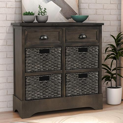 P PURLOVE Armario de almacenamiento de estilo retro con 2 cajones de madera y 4 cestas de mimbre para el hogar, cocina, entrada, sala de estar (gris)