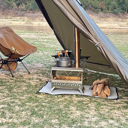 Miniatura 7 de Estufa de leña portátil de acero inoxidable para acampar, pequeña estufa de tienda caliente con tubos de chimenea para exteriores, interiores,