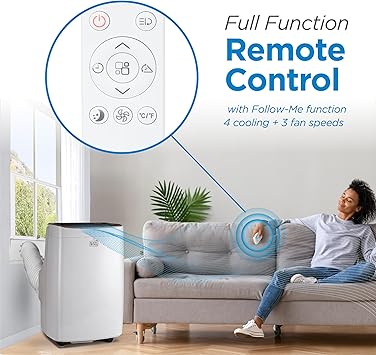 BLACK+DECKER Portable Air Conditioner, 10,000 BTU (5,550 DOE) for Rooms up to 450 Sq. Ft., Portable AC with Follow Me Remote Control and Window Kit, BPACT10WT, White