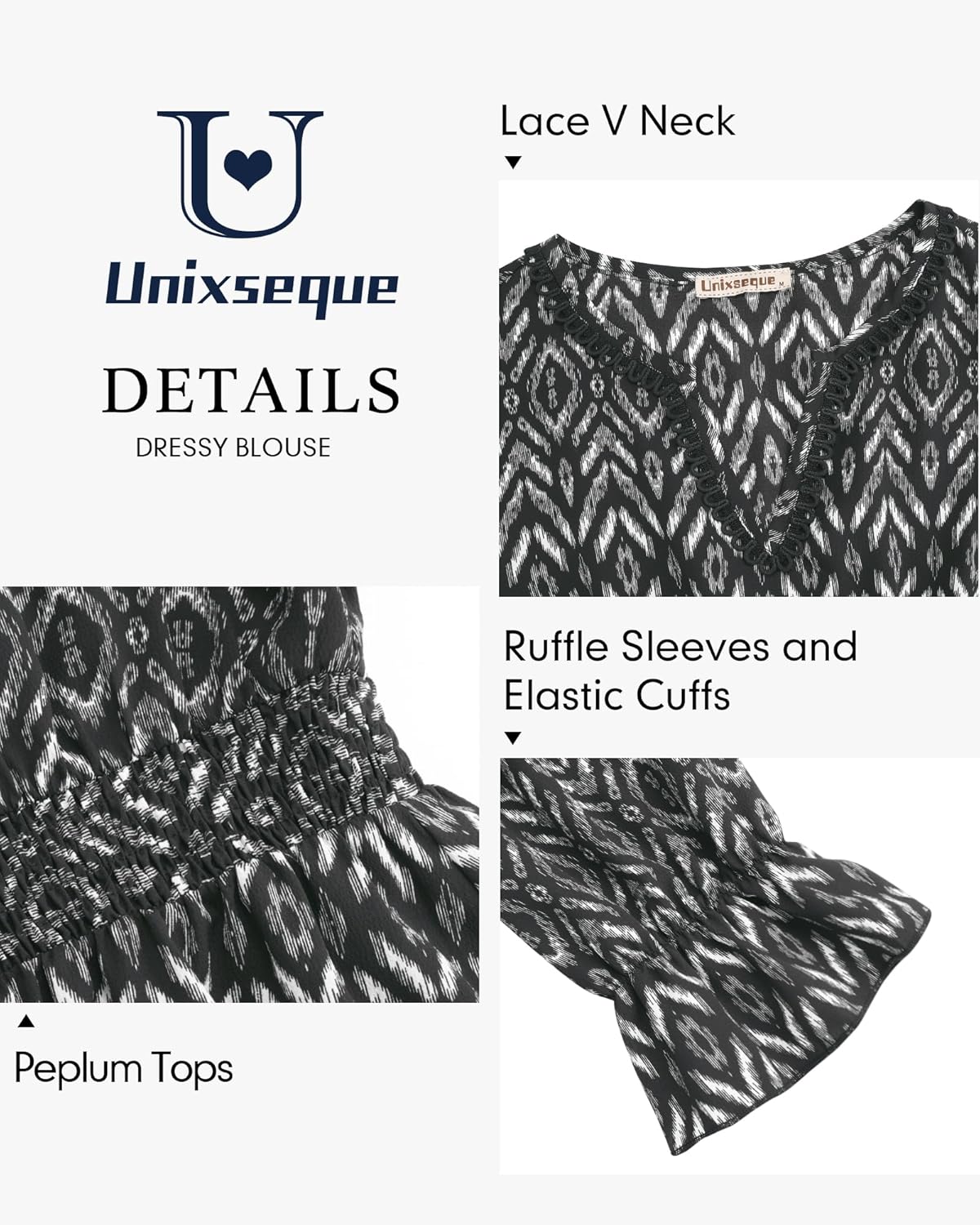 Unixseque 3/4 Length Sleeve Womens Tops Dressy Casual Lace V-Neck Peplum Babydoll Blouses 2025 Fashion Clothing - Image 5