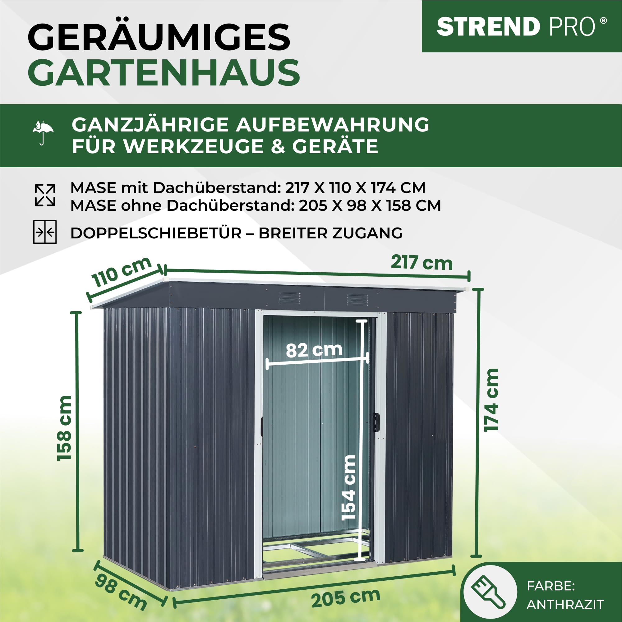 STREND PRO Metall Gartenhaus mit Unterbau, Anthrazit, 205 x 96 x 174 cm | Solide & Langlebig | Geräteschuppen mit 2 Schiebetüren | Garten gerätehause | Gartenlaube | Blechhütte | Fahrradgarage
