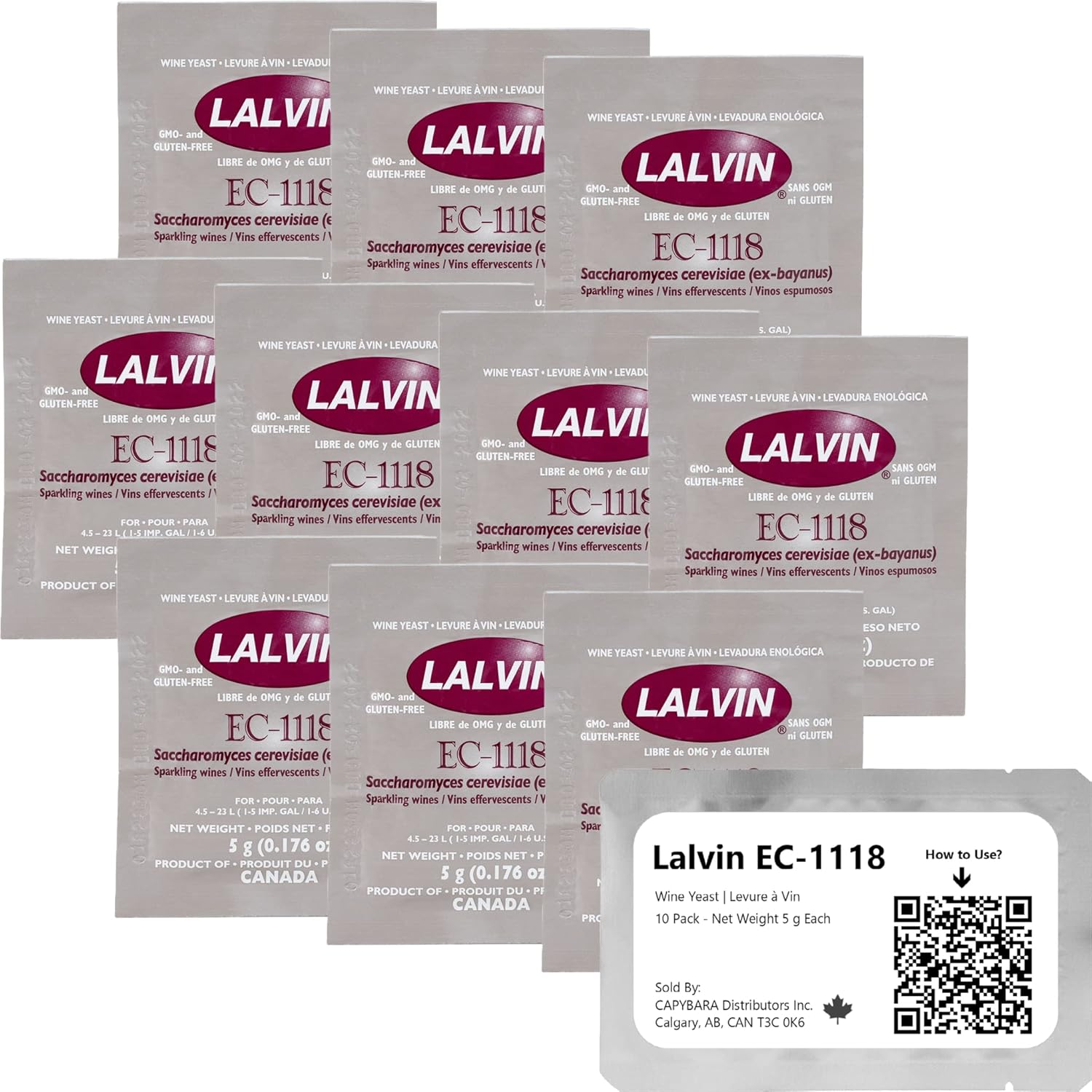 Lalvin EC-1118 Levadura de Vino (10 Paquetes) - Levadura de Champagne - Haga Vino Hidromiel Sidra Kombucha en Casa - Sachets de 5 g - Saccharomyces cerevisiae - Vendido por CAPYBARA Distributors Inc.