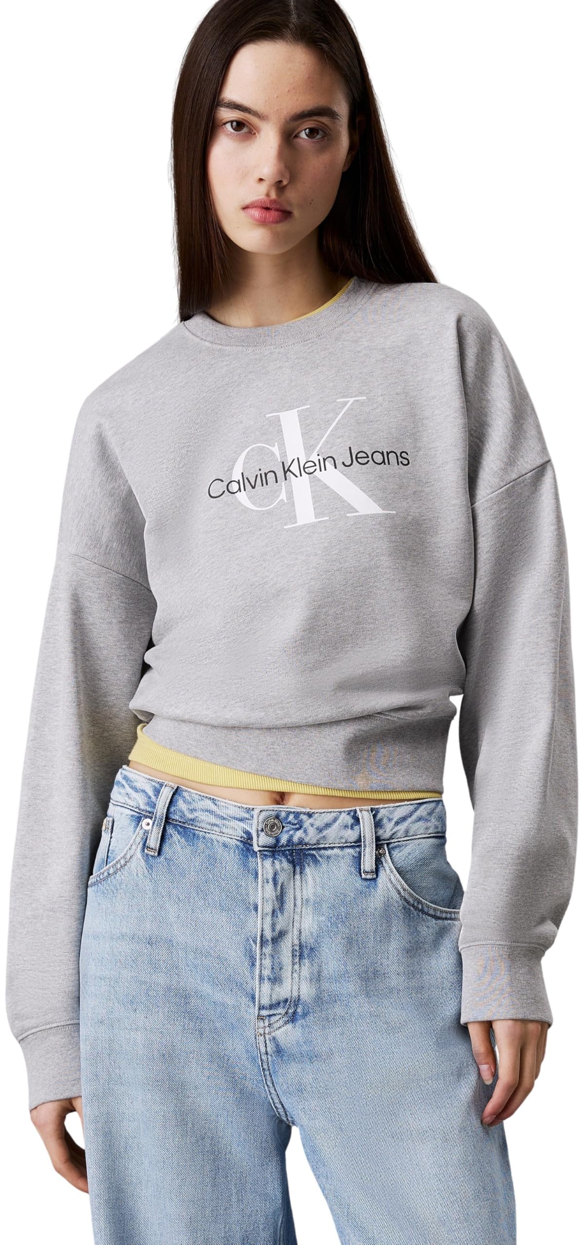 Calvin Klein Women’s Round Neck Monologo French Terry Sweatshirt, Grey (Heroic Grey Heather), S