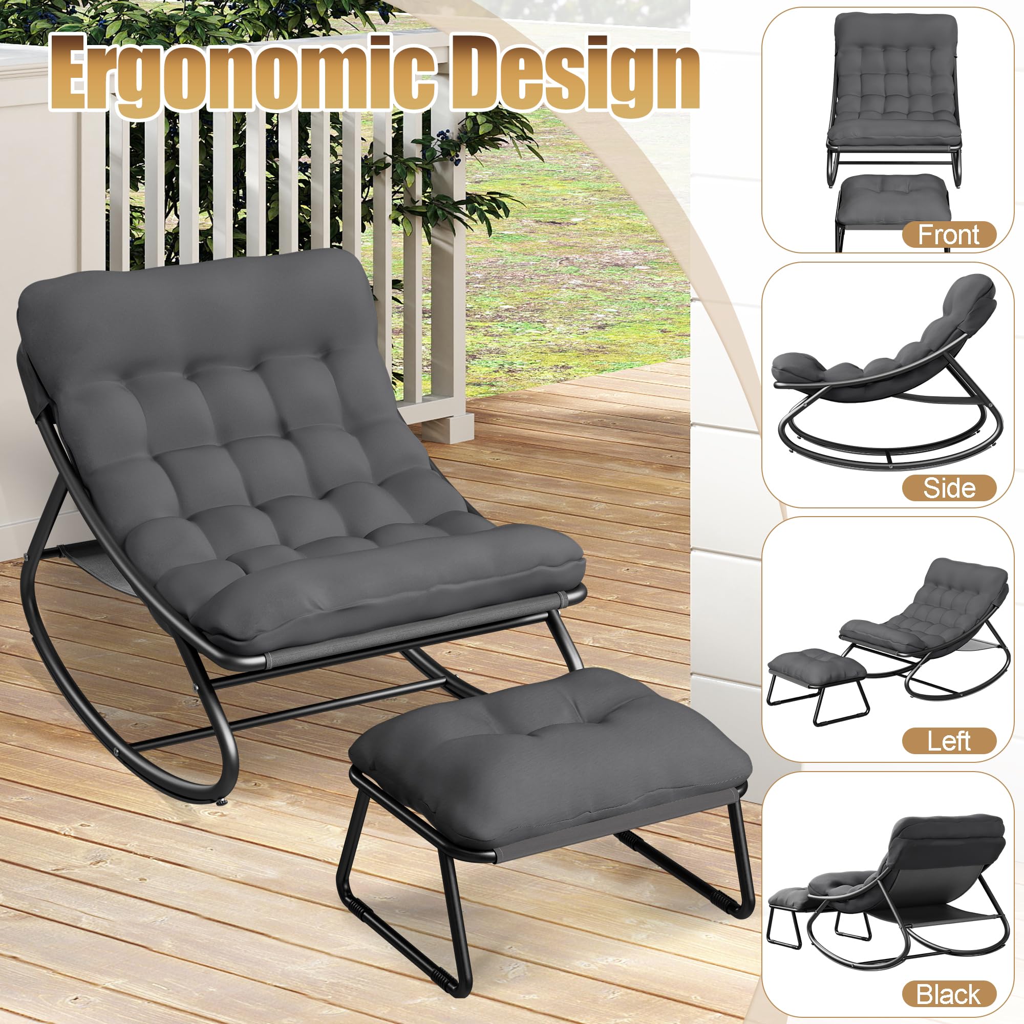 Schaukelstuhl Outdoor Wetterfester mit Gepolsterter,Schaukelsessel Wohnzimmer mit Hocker,XXL Loungesessel Outdoor bis 150kg,Stillsessel Bequem für Garten Balkon Terrasse