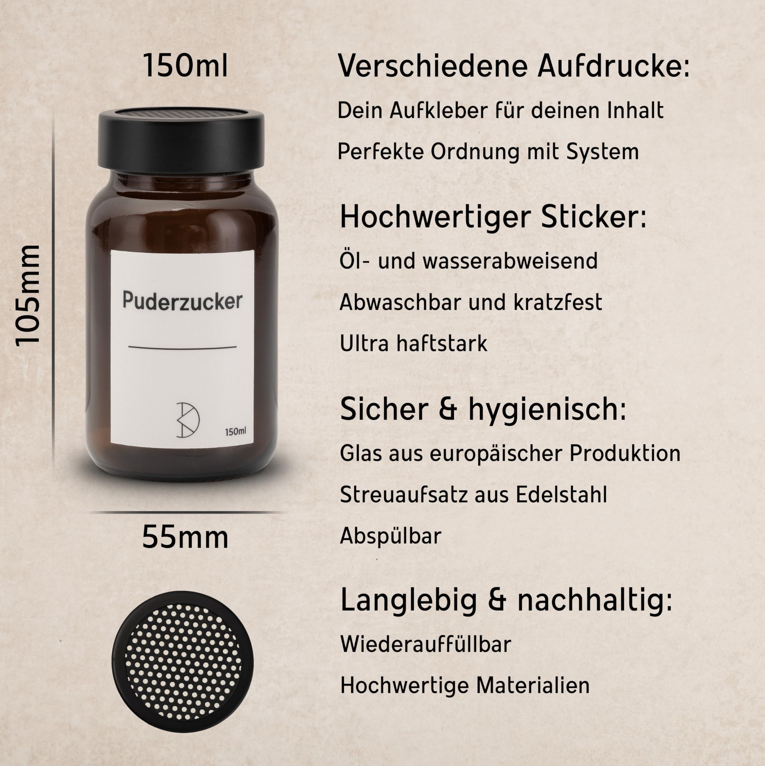 Kakao und Puderzucker Streuer Braunglas mit Edelstahlaufsatz - Kakaopulver, Zimt und Staubzucker Dosierer - Kakaostreuer 150ml - Pulverstreuer 2 Stück mit Aufklebern