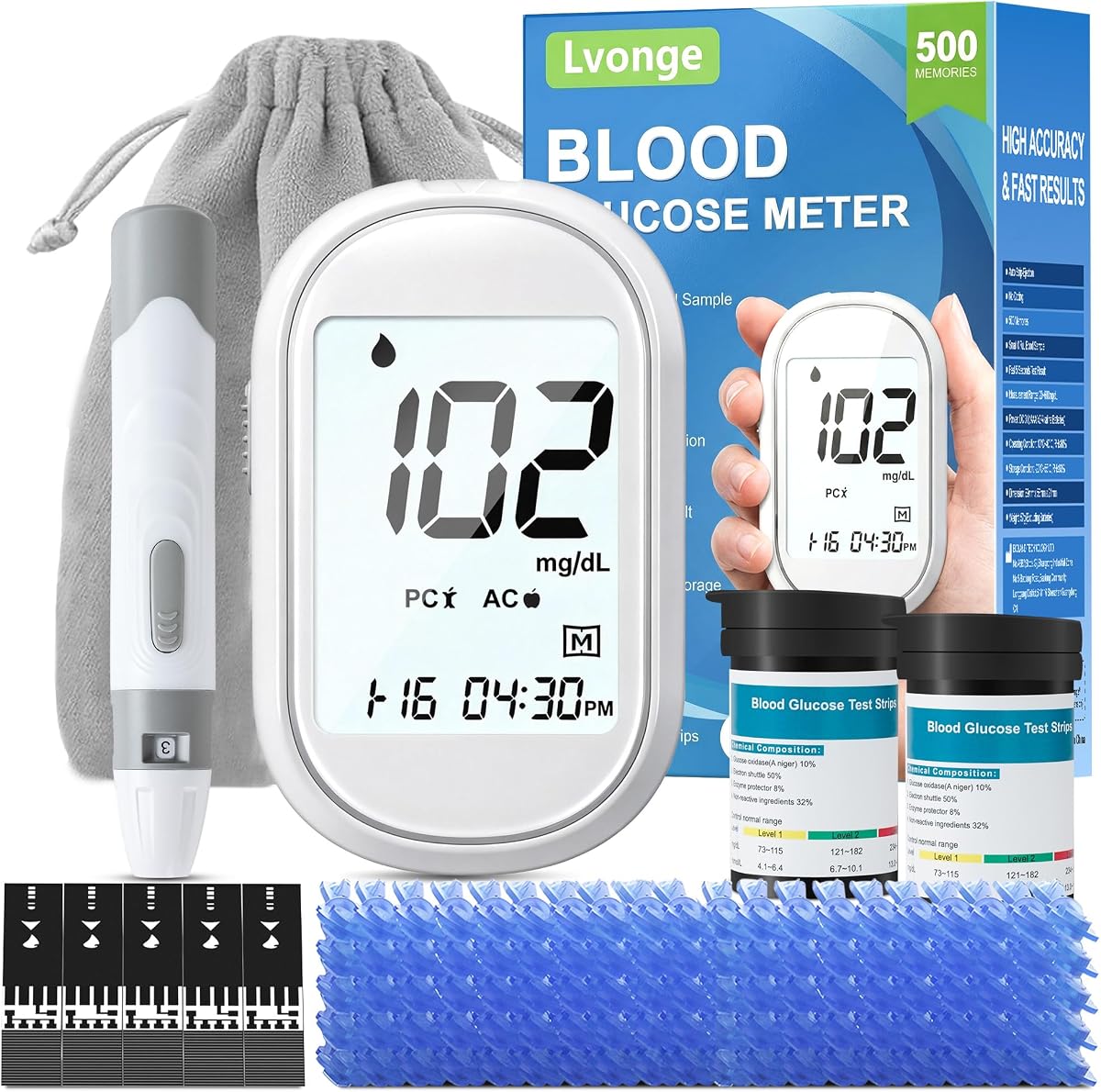 Kit de monitor de glucosa, kit de prueba de diabetes con 100 tiras reactivas y lancetas, monitor de glucosa de alta precisión, pantalla grande y brillante, modo PC/AC/CTL, sin codificación
