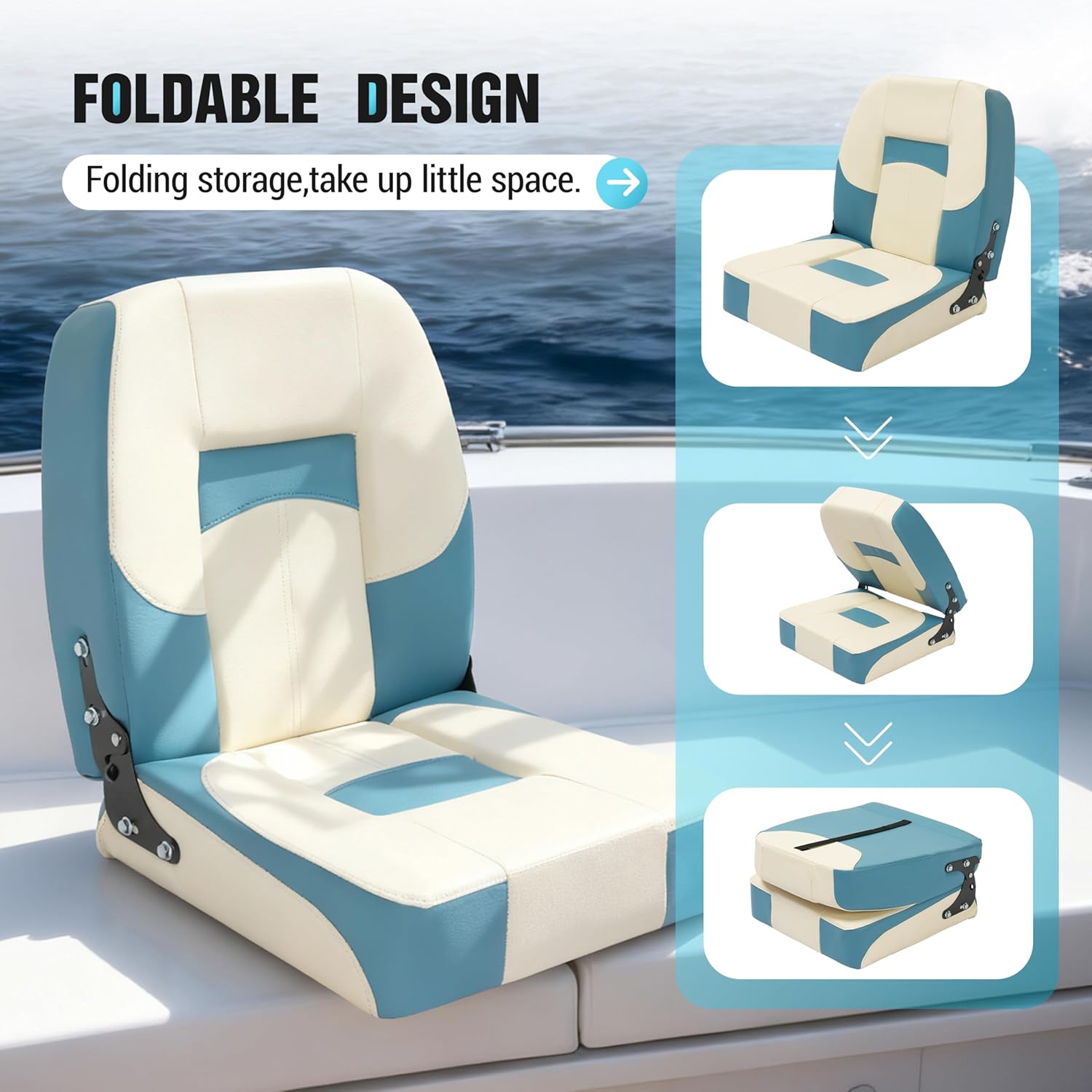 Folding Boat Seat Fit For Most Fishing Pedestals Or Swivels Fold-Down Captain Chair Fishing Marine Low Back Seat For Fishing, Sightseeing, Speedboat, Canoe W/Backrest, Sponge Padding-Blue