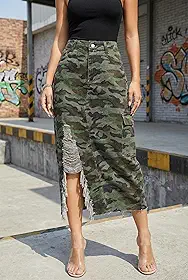 Saia midi jeans camuflada feminina cintura alta envelhecida fenda com franjas cargo saias casuais