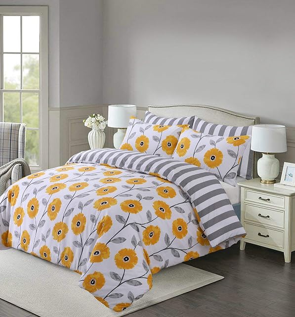 Divine Textiles Easy Care 3 Pcs Reversible Pattern Printed Duvet Cover Set With 2 Pillow Cases, Double 200 x 200 - Mustard Flower