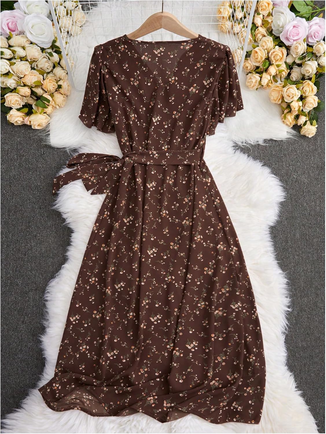 Floerns Women's Floral Wrap V Neck Beach Dress Short Sleeve Tie Side Vacation Long Dresses - Image 3