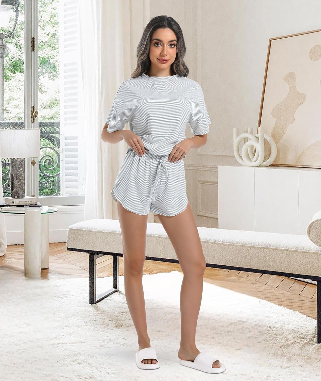 Allmloers Womens Split Short Pajama Set Striped Short Sleeve Crewneck Tee and Side Slit Sleepwear Set 2 Piece Cotton Pjs Set - Image 6