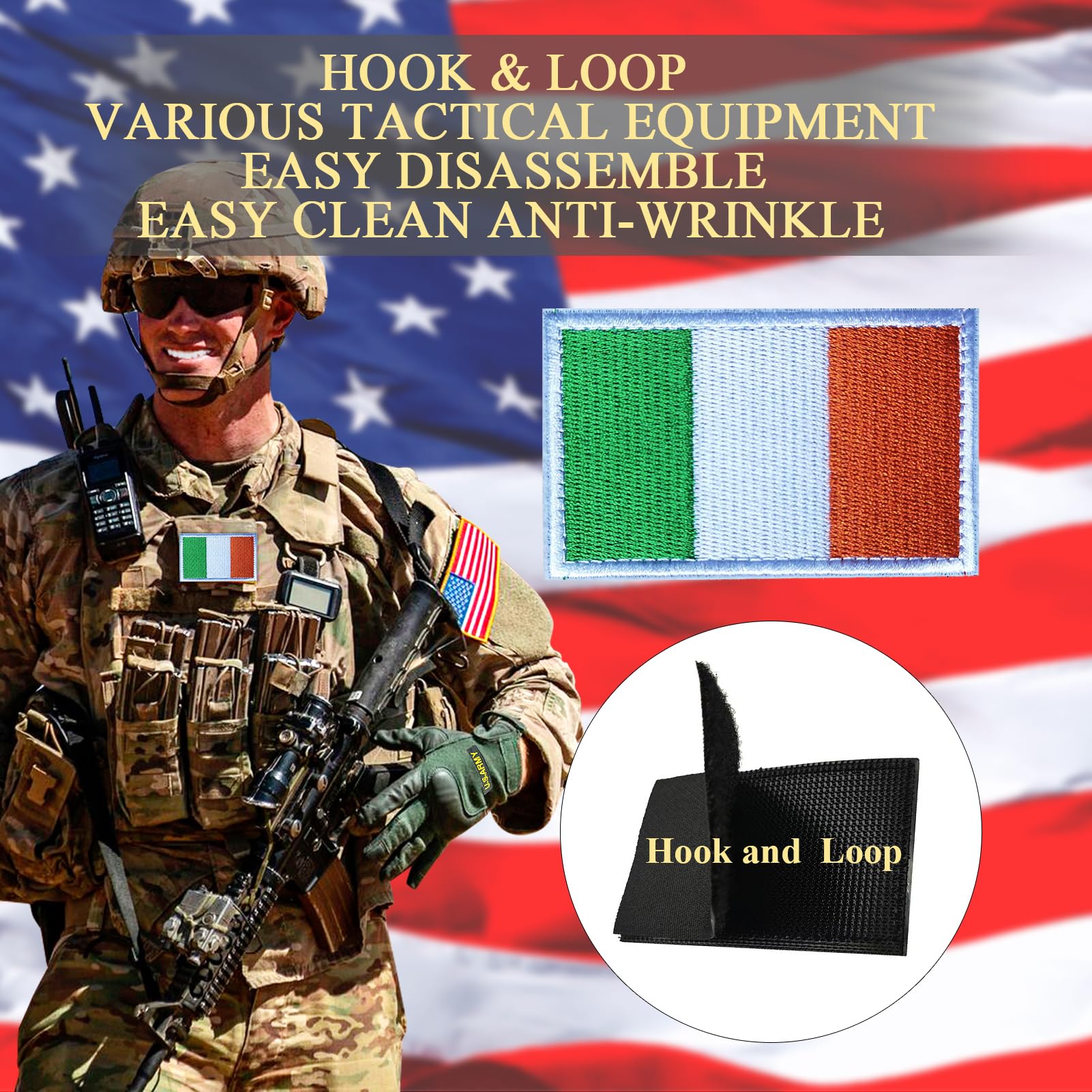 2 parches bordados de la bandera de Irlanda con | Parche militar táctico, accesorio táctico versátil, cierre de apliques, 3 x 2 pulgadas