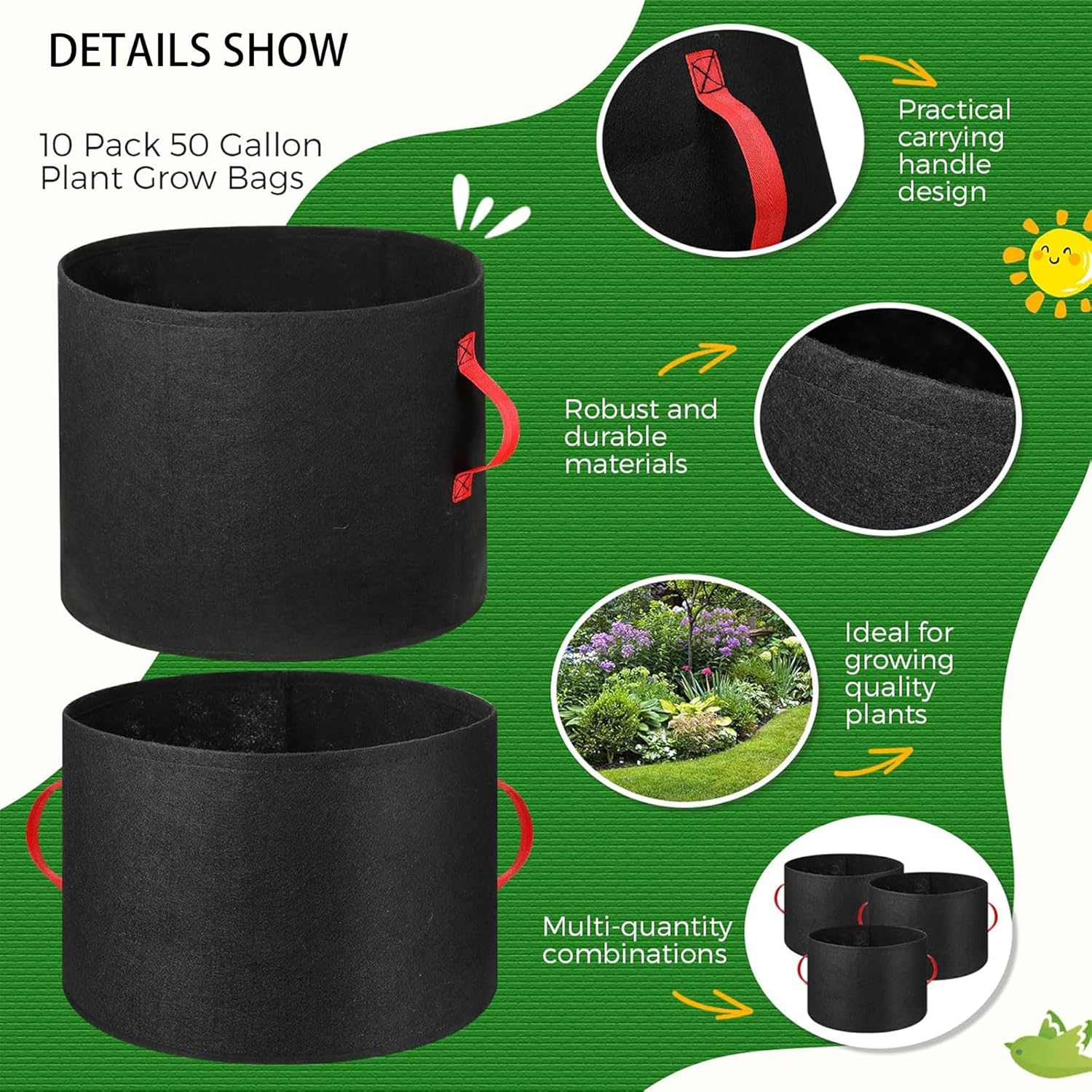 10 Pcs 50 Gallon Nonwoven Fabric Plant Grow Bags with Handles and 10 Pairs of Gardening Gloves for Vegetables Flowers Trees Container Planting Outdoor Garden Use