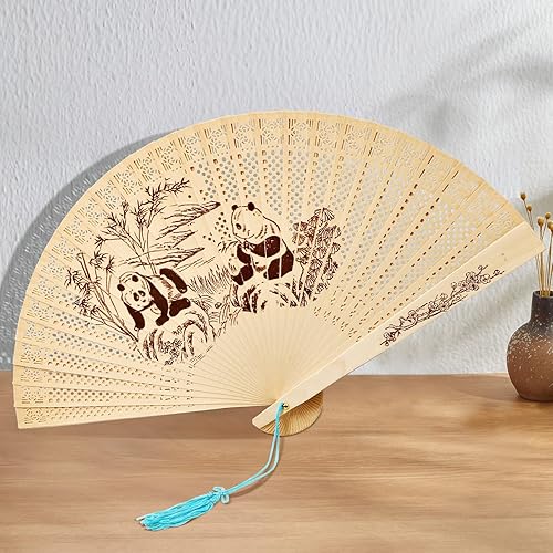 Miniatura 2 de FoDau770 Abanicos plegables de madera, ventiladores de mano de madera clásica, abanicos de mano de madera con patrón de panda con borla para