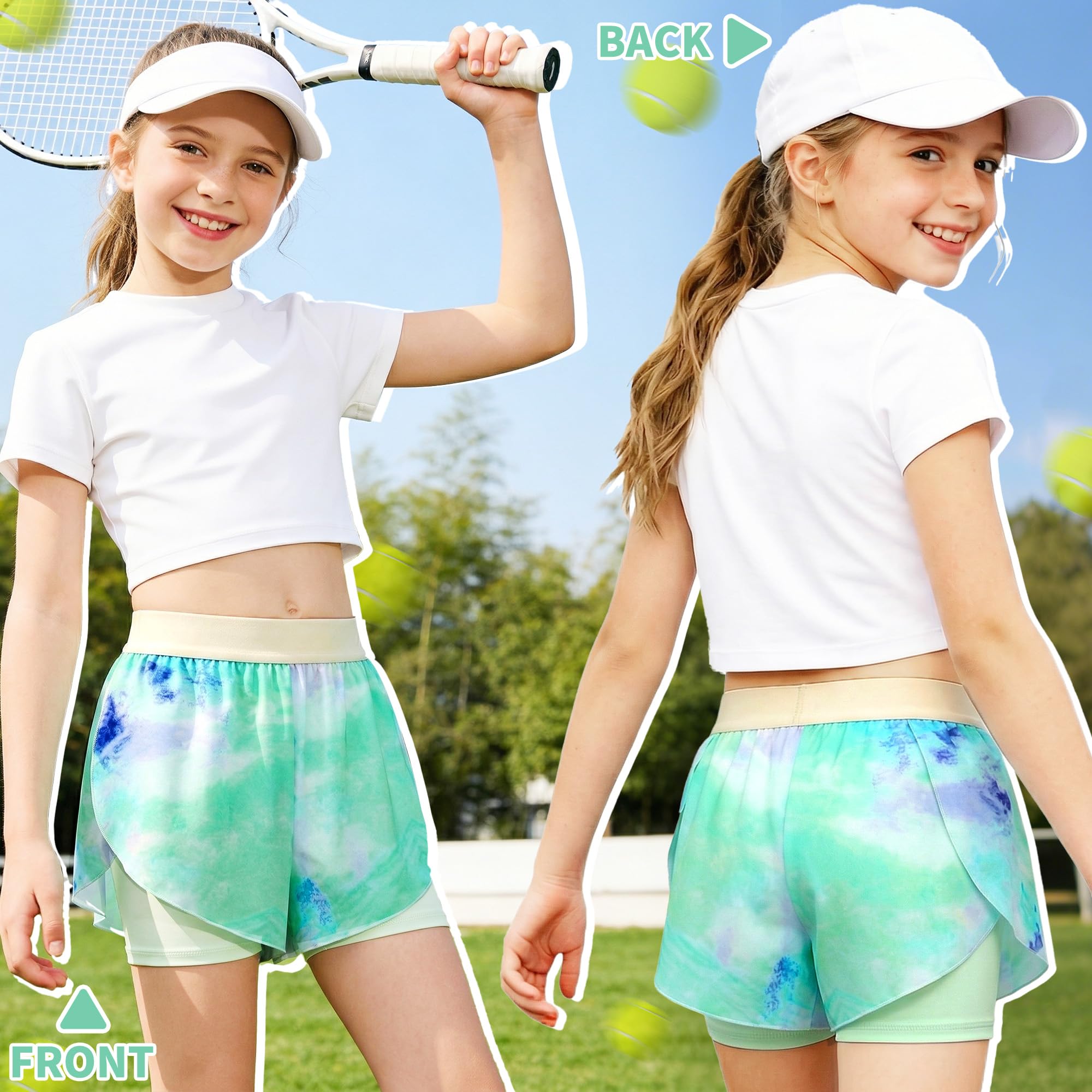 Pantalones Cortos de Ciclismo para Niñas, 2 en 1 Secado Rápido Deportivos Pantalón con Falda y Forro Cintura Elástica Transpirables Tenis Baile y Carrera Shorts para Niños 5-13 Años