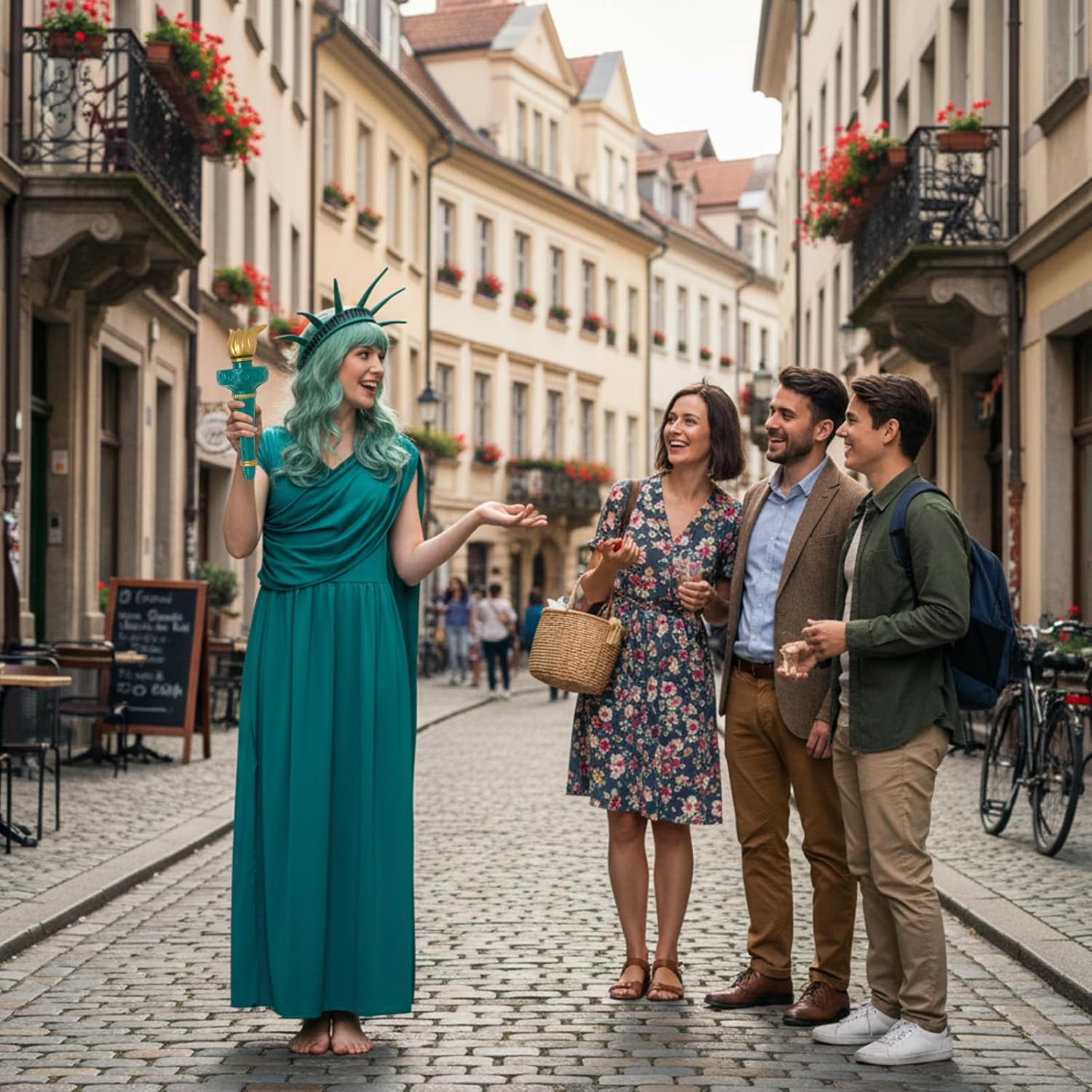 4 Piece Statue of Liberty Costume Set with Torch Tiara Green Dress Wig for Women 250th Anniversary Event