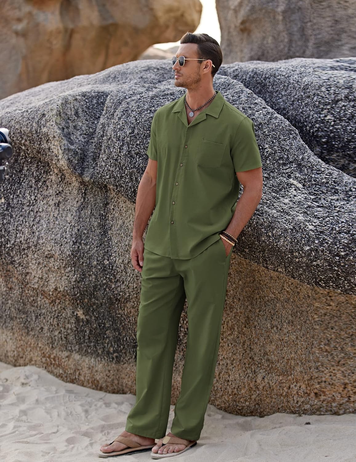 COOFANDY Men 2 Piece Linen Outfit Beach Button Down Shirt Casual Loose Pant Sets - Image 4