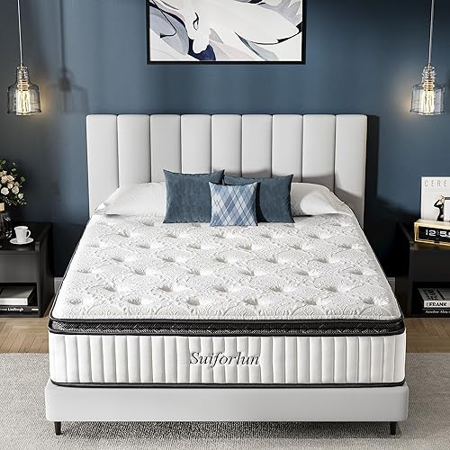 Miniatura 8 de Suiforlun Colchón King de 14 pulgadas con funda de seda de hielo, espuma viscoelástica de gel híbrido Euro Top con bobinas envueltas individualmente
