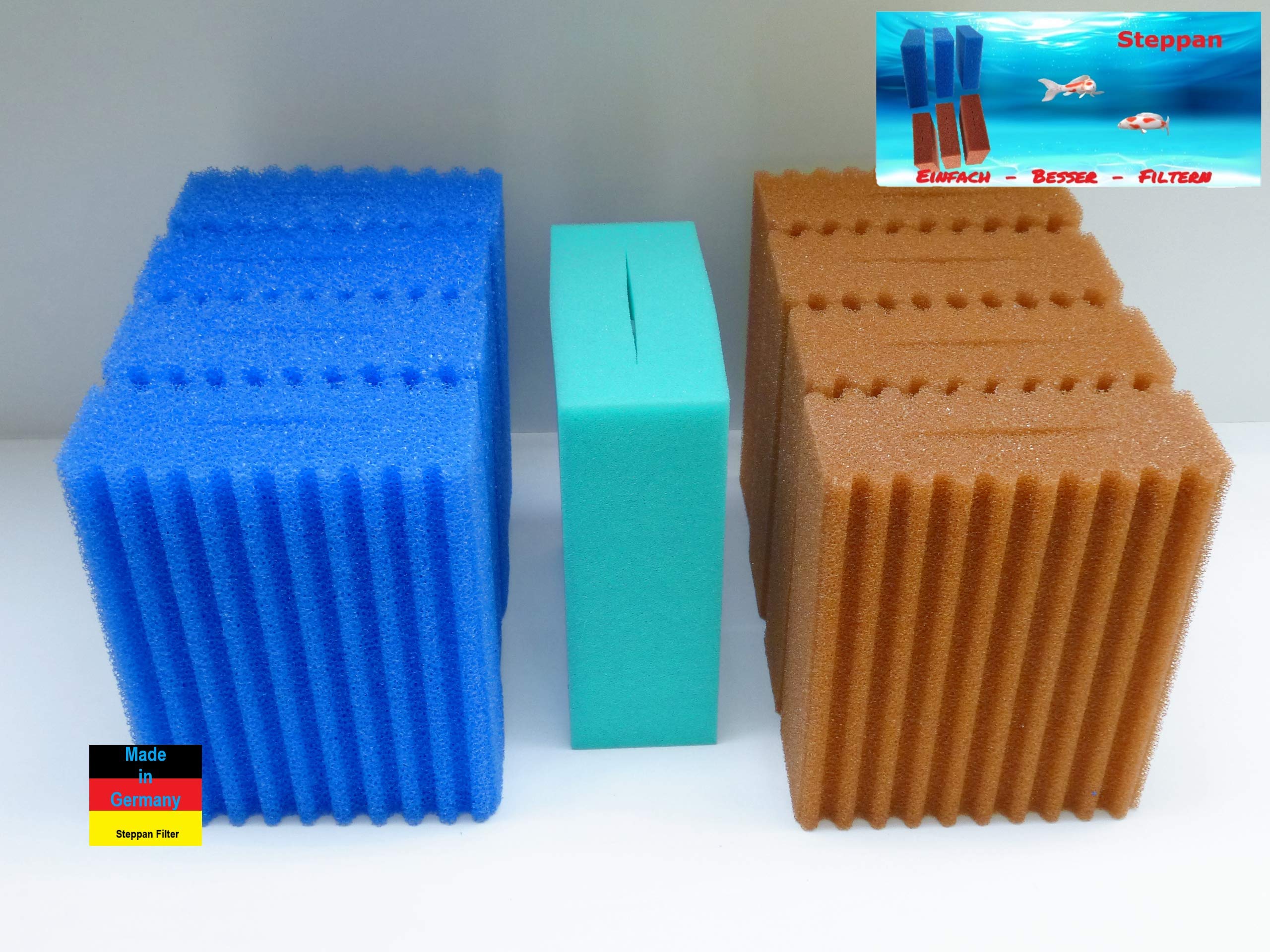 9 Filterschwämme 4 x Blau gewellt 4 x Rot gewellt und 1 x Grün glatt passend für Oase Biotec 10.1. und Oase BioSmart 36000
