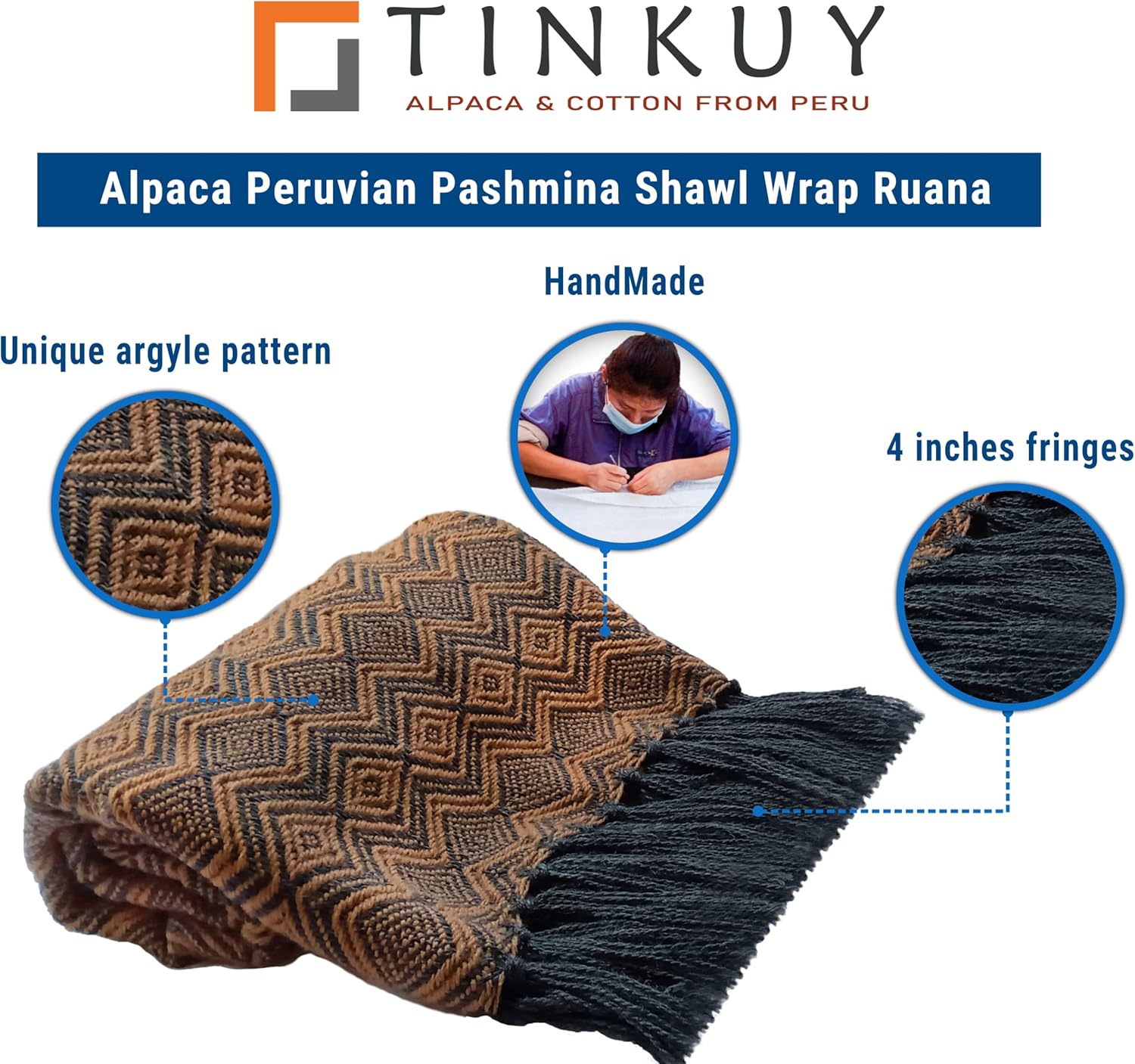 TINKUY PERU Alpaca Wool Shawl Wrap – Handwoven Peruvian Pashmina Ruana – 61"x22" – Lightweight, Soft & Warm