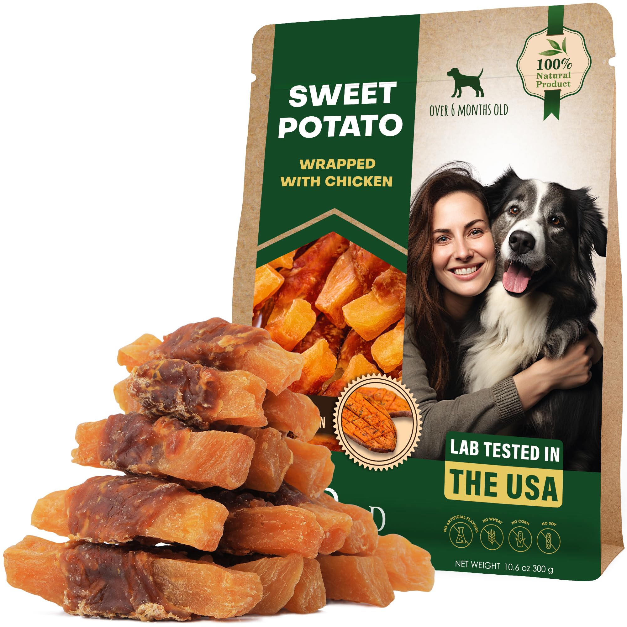 Sweet Potato Dog Treats & Chicken Jerky Wraps 300 GR - Dog Food & High Protein Soft Chews for Large, Medium & Small Breeds - Natural Healthy Training Strips & Rawhide Free Snacks – Puppy Fillets