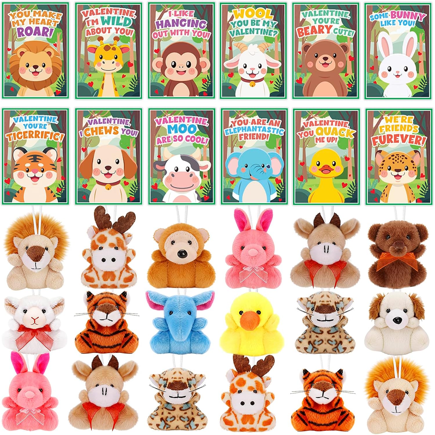 Jumlys Valentines Day Gifts for Kids Classroom, 24 Packs Valentines Day Cards with Stuffed Animal Toys, Valentine Day Party Favors for Boys Girls, Ideal Exchange Cards for Classroom