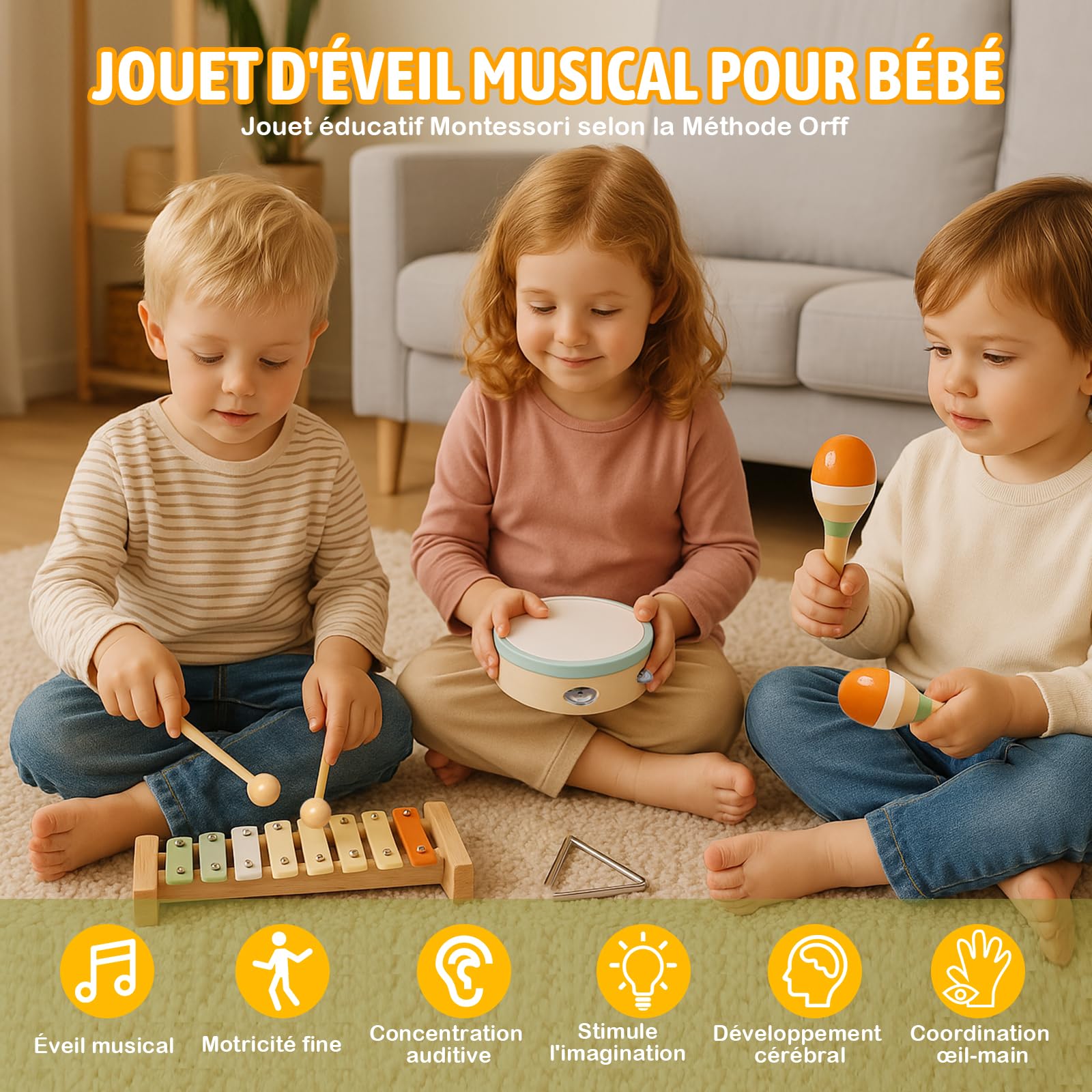 Instrument de Musique Enfant, Jouet Bebe Musique Montessori, Batterie Xylophone Maracas Jouet Enfant en Bois, Instrument Percussions Cadeau Garçons Fille 1 2 3 an