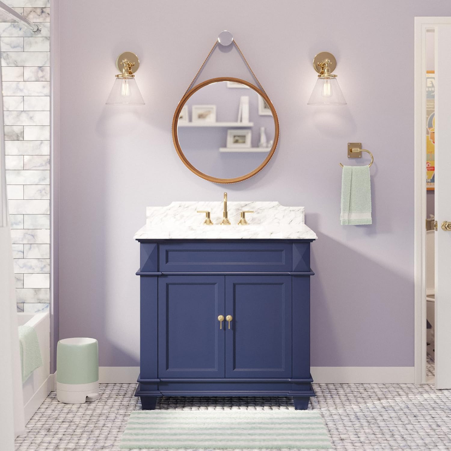 Elizabeth 36-inch Bathroom Vanity (Carrara/Royal Blue): Includes Royal Blue Cabinet with Authentic Italian Carrara Marble Countertop and White Ceramic Sink