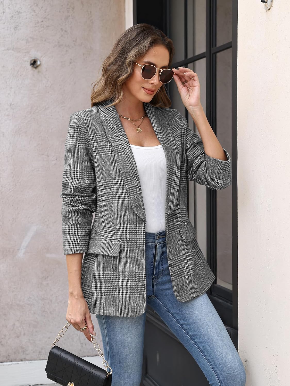 ELLEVEN Women's Shawl Collar Plaid Boyfriend Blazer，Business Casual Open Front Houndstooth Work Office Suit Jackets - Image 4