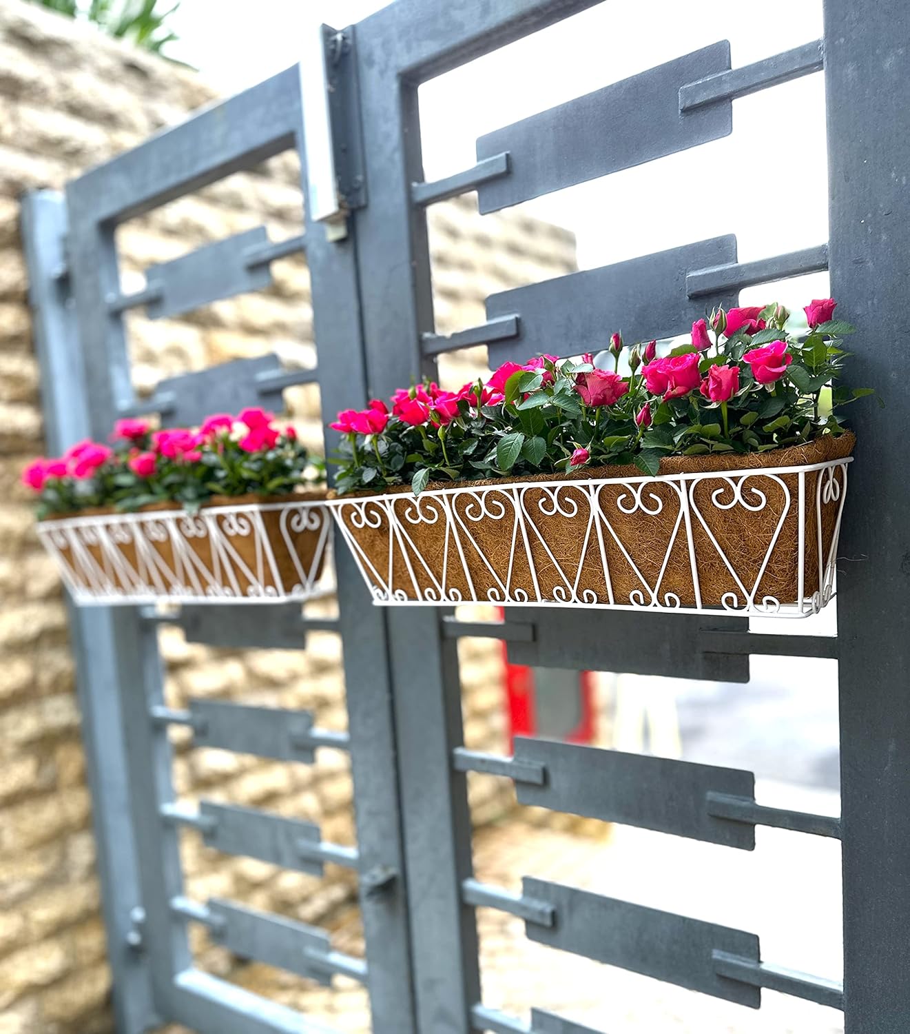 LaLaGreen Wall Hanging Planter - 2 Pack, 24 Inch Deck Railing Planter, Window Flower Boxes Basket Outdoor White Deck Railing Hanging Pot Coco Liner Metal Plant Holder Fence Planter Balcony Patio Porch