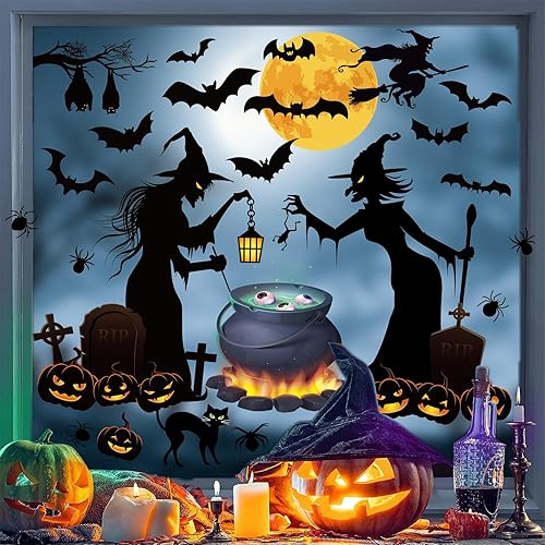 Miniatura 7 de Calcomanías de pared de Halloween, brujas, murciélagos, calabaza, luna, calcomanías de pared para dormitorio de niños, sala de estar, despegar y