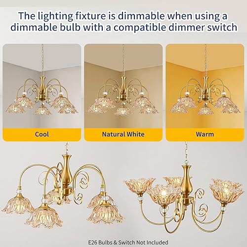 Miniatura 5 de 5-Light Vintage Chandeliers in Matte Brass Finish with Amber Glass Shades, Retro Chandelier Light for Dining Room,Hallway,Kitchen