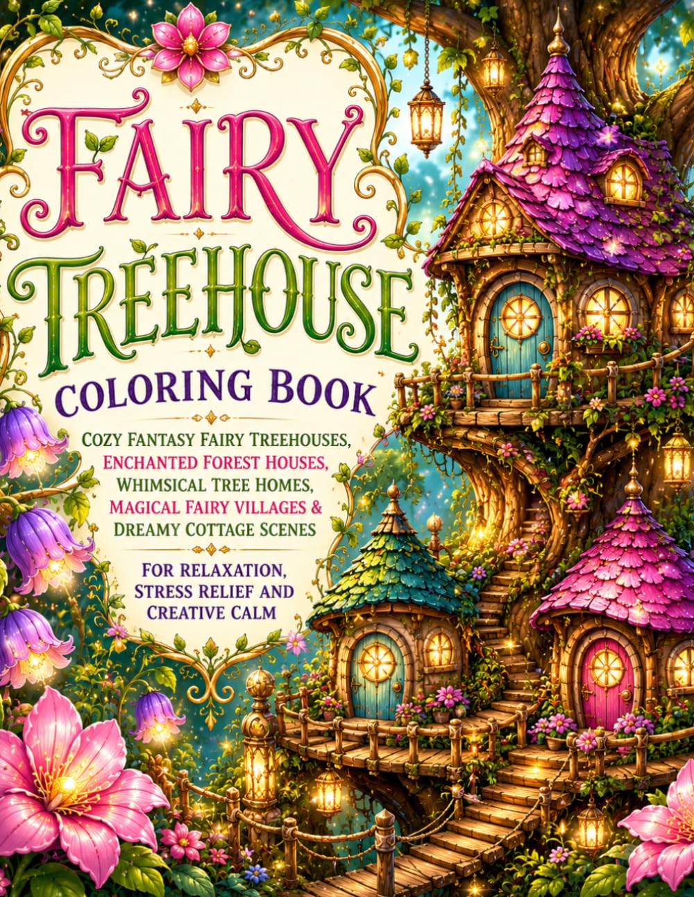 Fairy Treehouse Coloring Book: Cozy Fantasy Fairy Treehouses, Enchanted Forest Houses, Whimsical Tree Homes, Magical Fairy Villages & Dreamy Cottage ... Relaxation, Stress Relief and Creative Calm