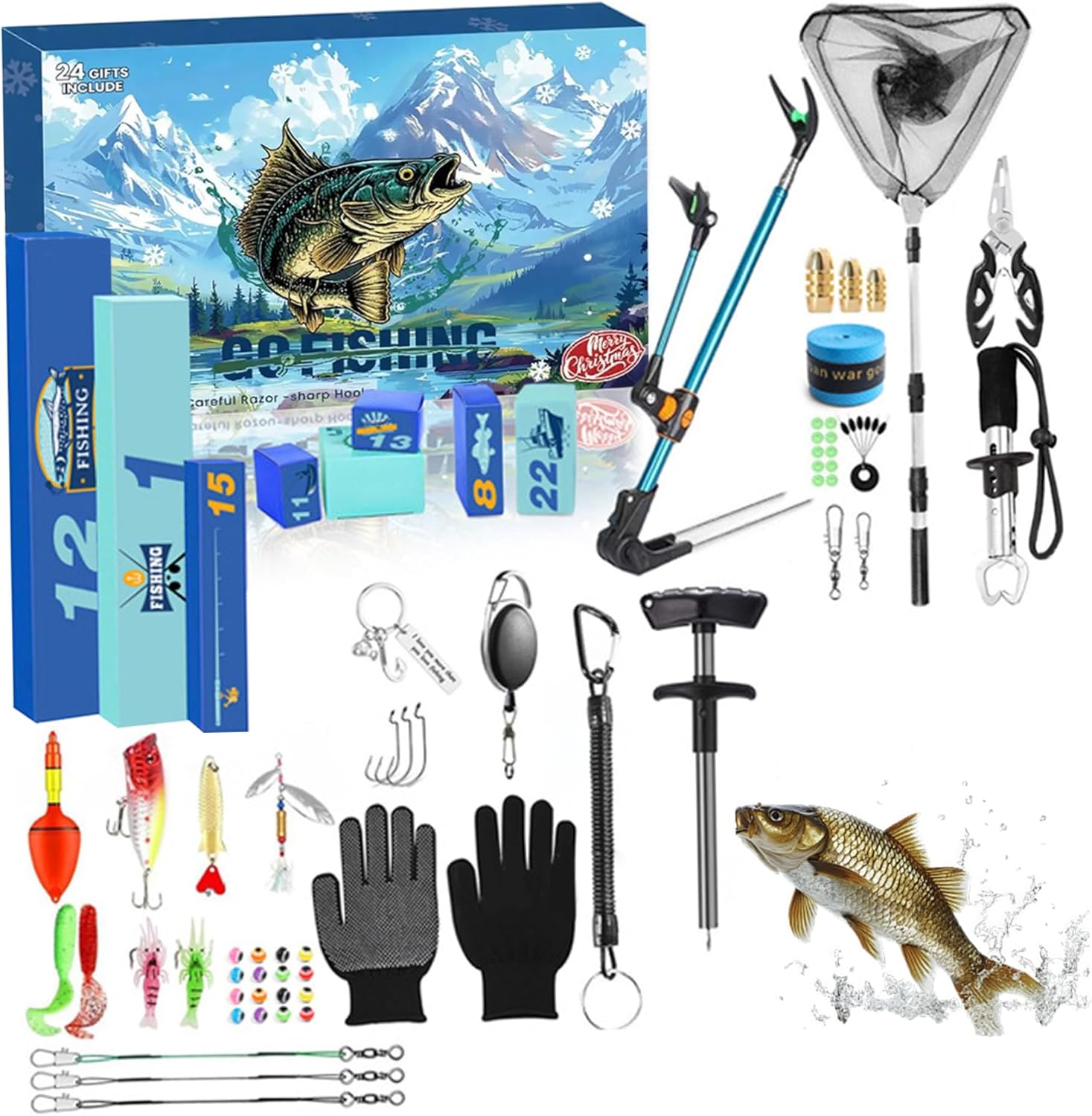 Fishing Advent Calendar 2025, Fishing Tools Accessories Set Countdown Calendar 24 Days for Christmas Surprises for Adult Men Teen Boys