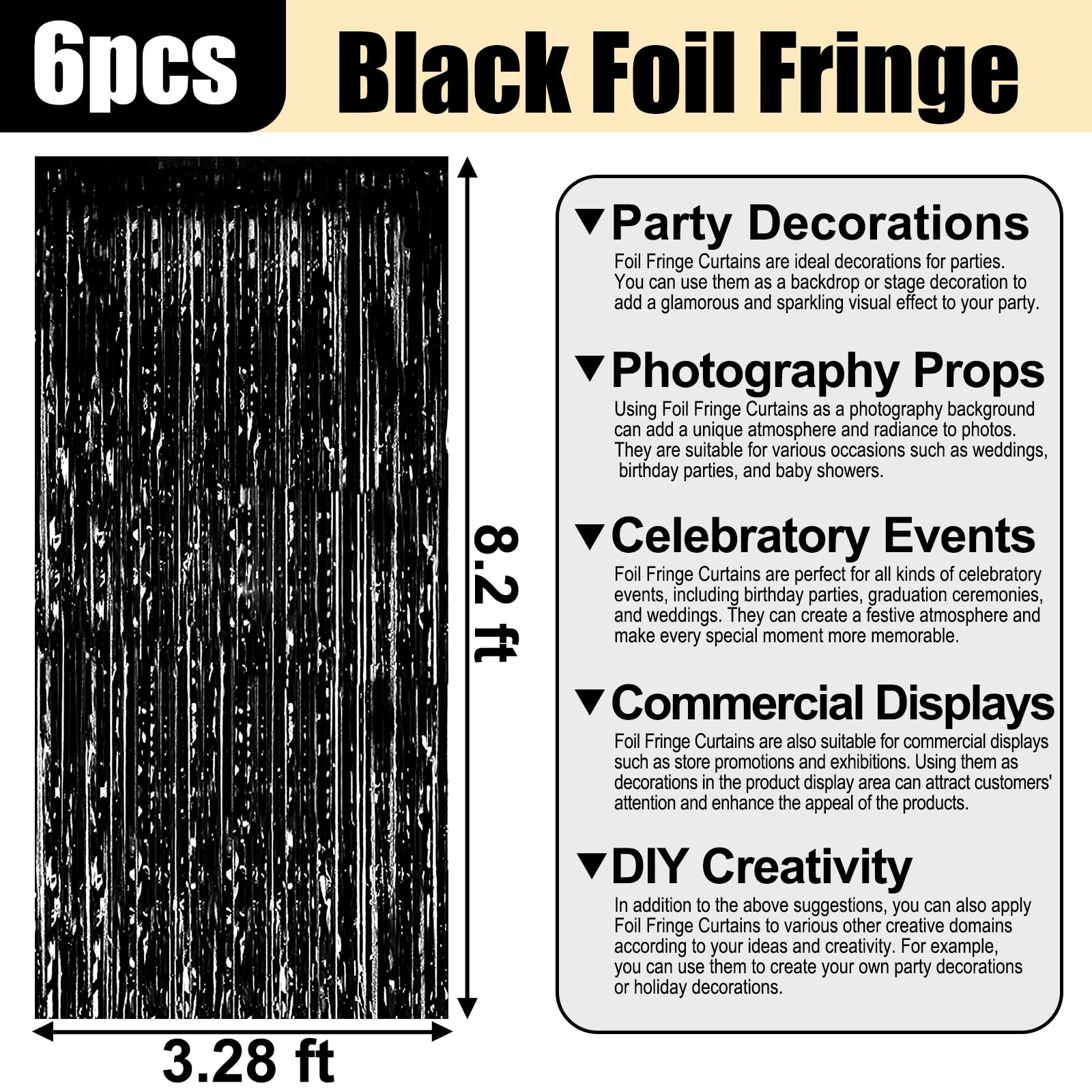 Lot de 6 rideaux à franges en feuille d'aluminium métallique pour cabine photo, Noël, Thanksgiving, mariage, Nouvel An, 10 x 2 m, noir