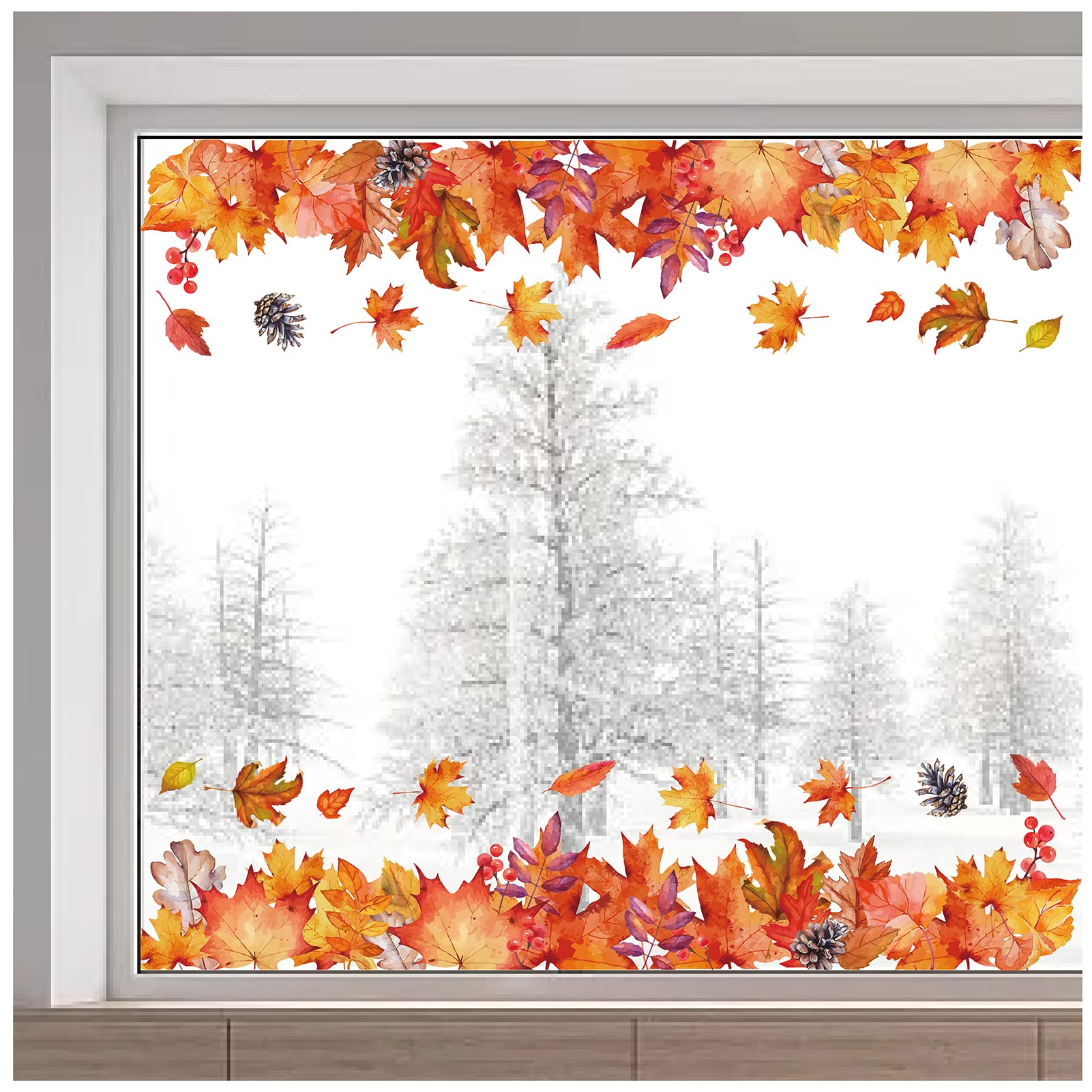 GORGECRAFT Large Size Fall Leaves Window Clings Transparent Stained Thanksgiving Maple Stickers Autumn Pine Cone Static Non Adhesive Double-Sided Decals Reusable Glass Door Covering Film Party Decor